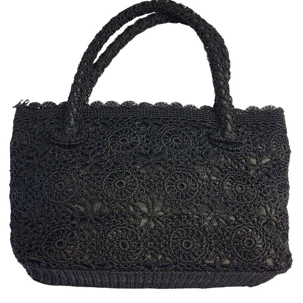 Crochet Overlay Purse Bag Black Floral Double Handle Mini Handbag New Years‎